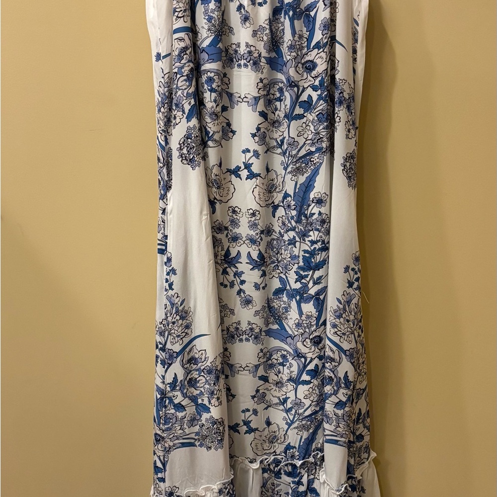 Gold Hawk Silk Toile Maxi Dress – Blue & White Romantic Slip Dress - Picture 2 of 5